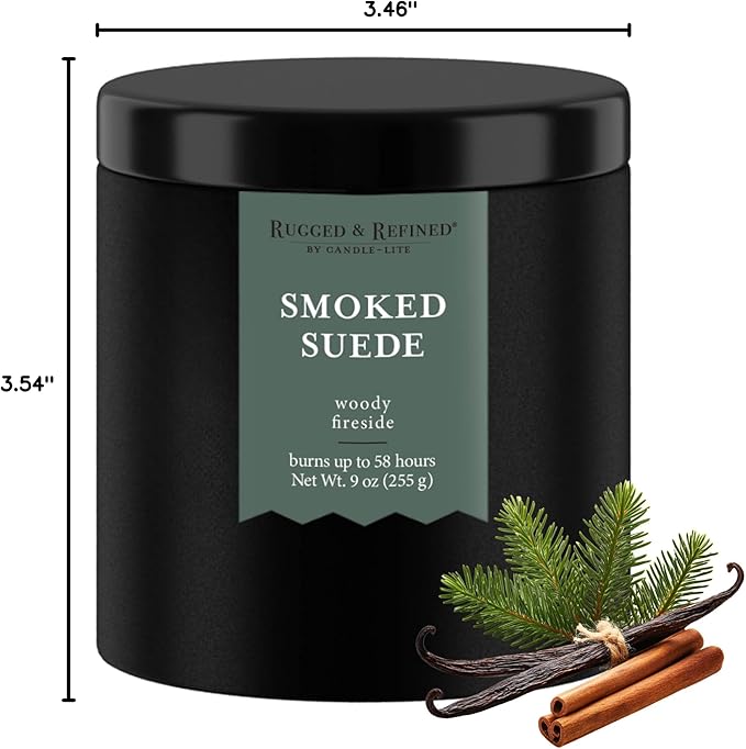 Candle-lite Rugged & Refined Scented Candle for Men, Smoked Suede, 9 oz Tin, Poured in The USA, Masculine Fragrance, 1-Wick, 58 Hours of Burn Time, Ideal Gift for Man in Your Life & Father's Day