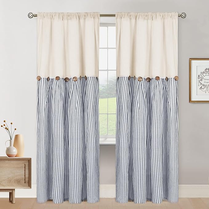 ASPMIZ Cotton Linen Farmhouse Curtains Boho Rustic Button Drapes, Linen Window Curtain Panels, Blue Stripe Country Curtain for Living Room, Modern Back Tab Blackout Curtains 52 x 84 Inch, 2 Panels