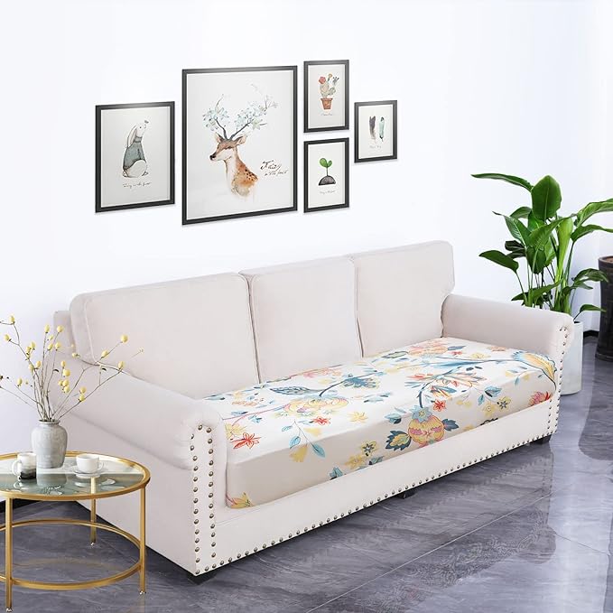 hyha Printed Couch Cushion Covers, Floral Sofa Covers Washable for 3 Cushion Couch, Stretch Pattern Outdoor Cushion Covers for Patio Furniture with Elastic Bottom(Large, White Paisley)
