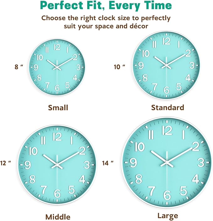 Modern Wall Clock Silent Non-Ticking ?€? Coral Green Analog Wall Clock Battery Operated for Living Room, Kitchen, Bedroom, Office ?€? Stylish Wall Decor for Home, 12 Inch
