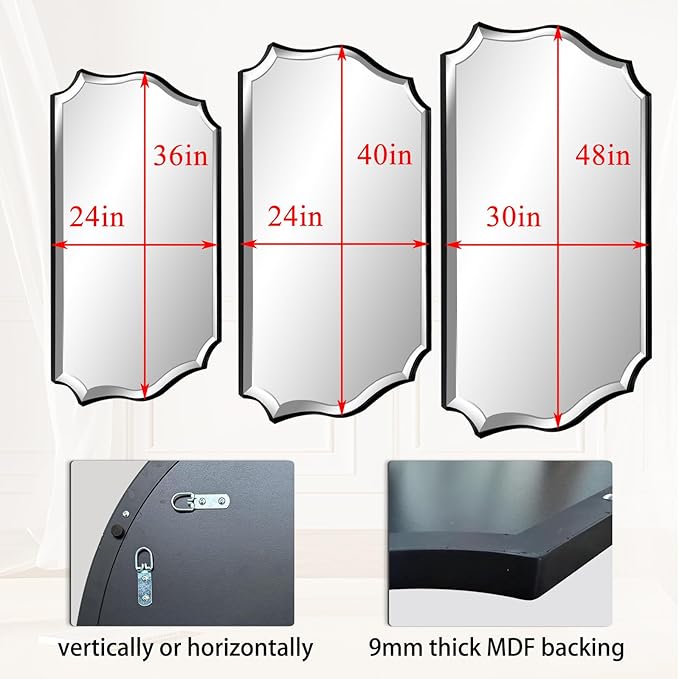 POZINO Scalloped Beveled Mirror, 24"x36" Rectangle Bathroom Vanity Mirror for Over Sink, Modern Aesthetic Wavy Shaped Wall Mirrors for Living Room Bedroom Entryway, Horizontal or Vertical Hanging