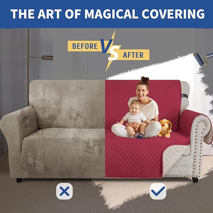 XINEAGE Quilted Sofa Cover Waterproof Couch Covers for 3 Cushion Couch, Super Soft Washable Slipcover with Pockets & Non-Slip Elastic Straps, Thick Furniture Protector (Sofa, Red)