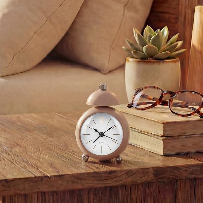 Analog Alarm Clock, Mid-Century Modern Desk Clock, Silent Non-Ticking Quartz Table Clock with Black Hands, Battery Operated Decorative Clock for Bedroom, Office, Living Room (Light Champagne)