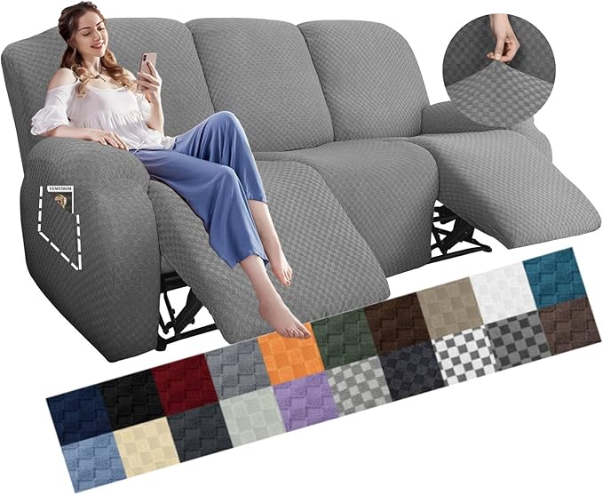 YEMYHOM 8 Pieces Stretch Recliner Sofa Cover Latest Jacquard Reclining Couch Cover with Side Pocket Anti-Slip Fitted 3 Cushion Furniture Slipcovers with Elastic Bottom (Sofa Recliner, Light Gray)