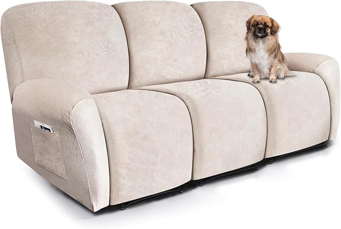 ANARACHON Recliner Couch Cover Leather Look Recliner Sofa Covers for 3 Cushion Reclining Sofa Slipcovers 8-Pieces Furniture Protector Spandex Fabric Washable (3 Seater, 02 Beige)
