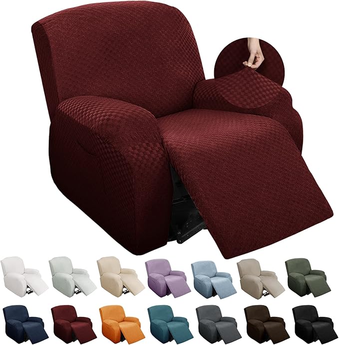 YEMYHOM 4 Pieces Stretch Recliner Slipcover Latest Jacquard Recliner Chair Cover with Side Pocket Anti-Slip Fitted Recliner Cover Couch Furniture Protector with Elastic Bottom (Recliner, Wine Red)