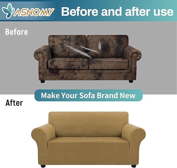 Asnomy Sofa Covers for 2 Cushion Couch Stretch loveseat Covers Slipcovers, Pet Protector Furniture Covers for Dogs Cats Spandex Jacquard Fabric Small Checks (Medium,Light Brown)