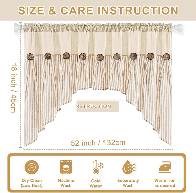 ASPMIZ Farmhouse Cotton Linen Swag Valances for Windows, Boho Kitchen Curtains Valances with Rustic Buttons, Khaki Striped Window Treatments Curtain Valance for Bathroom Cafe, 61 x 36 Inch, 1 Panel