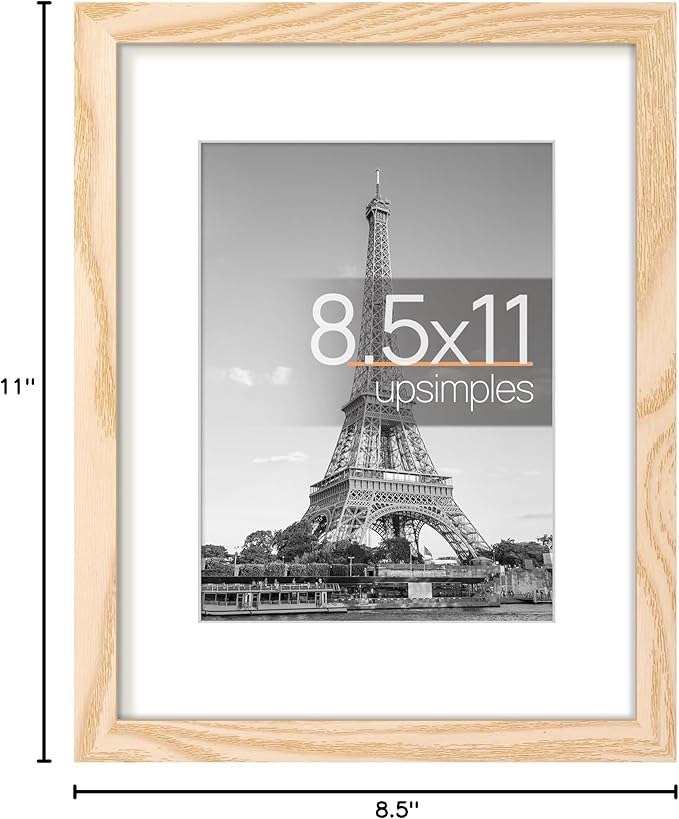 upsimples 8.5 By 11 Picture Frame, Display Pictures 6x8 with Mat or 8.5 x 11 Without, Wall Hanging Photo Frames, Natural, 1 Pack