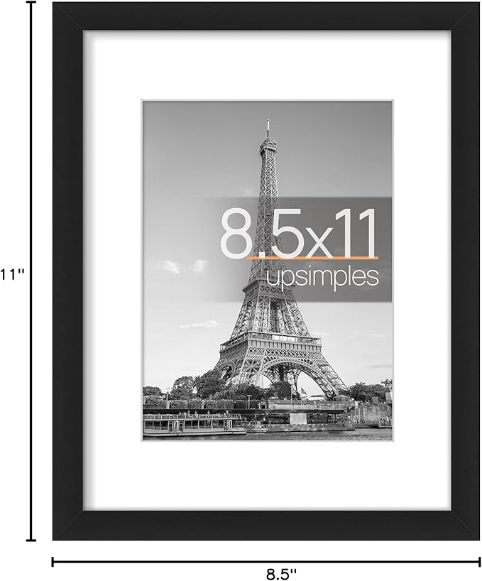 upsimples 8.5 By 11 Picture Frame, Display Pictures 6x8 with Mat or 8.5 x 11 Without, Wall Hanging Photo Frames, Black, 1 Pack