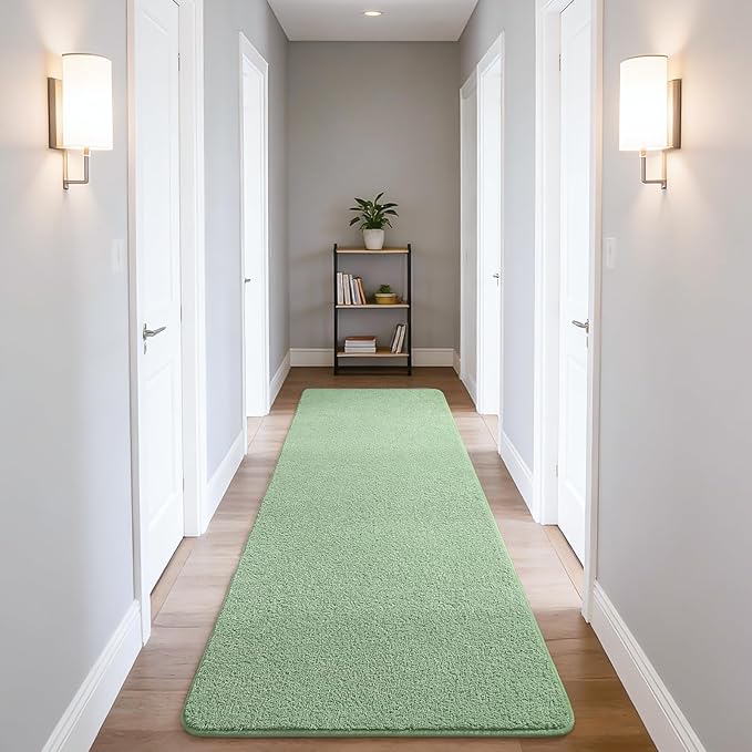 Soft Runner Rugs for Bedroom 2x6, Non Slip Runners for Hallway Kitchen Laundry Dorm Washable, Low Pile Long Rugs for Girls Kids, Light Green