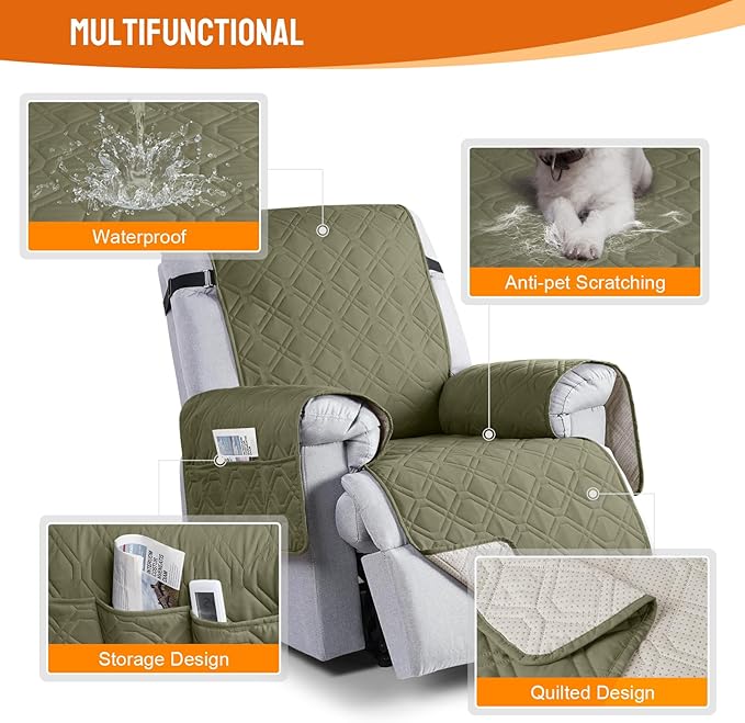 VANSOFY 100% Waterproof Recliner Chair Covers, Recliner Cover Non-Slip Dog Chair Cover Furniture Protector Washable Slipcover with Pocket, Elastic Straps for Pets, Dogs(Olive Green, 22")
