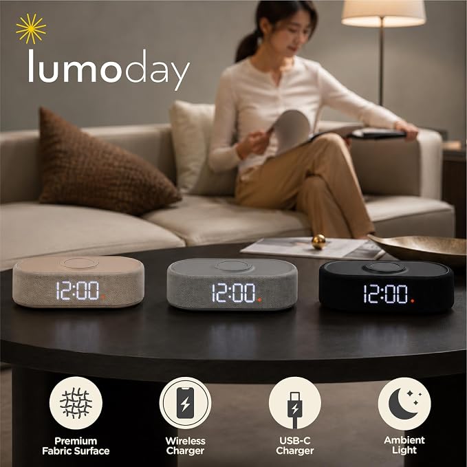 Fabric Digital Alarm Clock for Bedroom, Wireless Charging, Black - Image 8