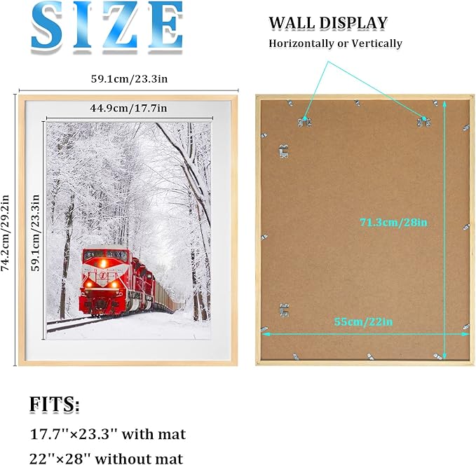 Egofine 22x28 Solid Wood Poster Frames Matted for 18x24 Set of 2 Natural Wood - with Acrylic Plexiglass Front, Hanging Picture Frames Vertically or Horizontally