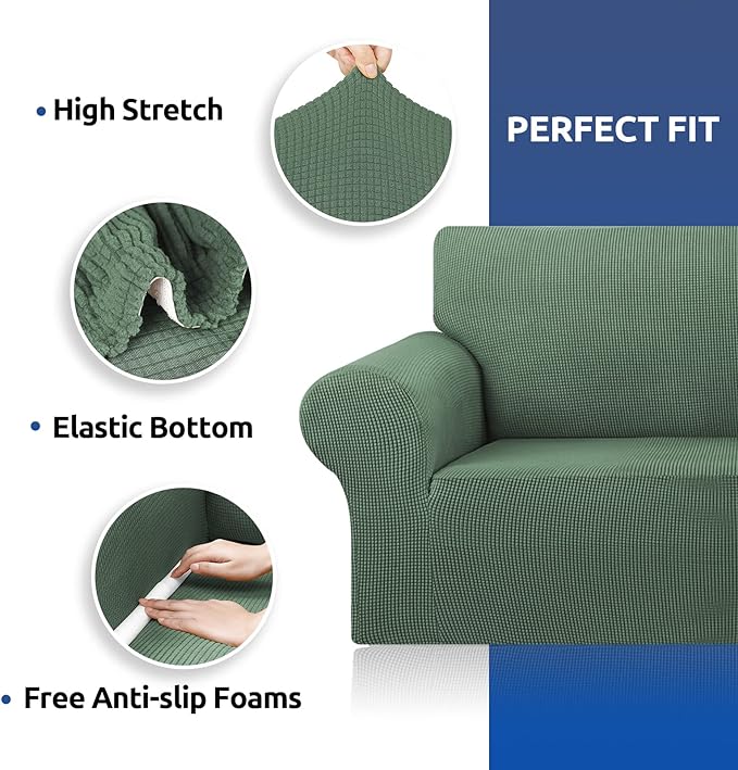 KEKUOU Stretch Oversized Sofa Slipcover 1 Piece Couch Sofa Cover (94"-110") Furniture Protector 4 Seater Sofa with Elastic Bottom for Kids,Pet.Jacquard Checked Pattern Fabric(X Large,Greyish Green)
