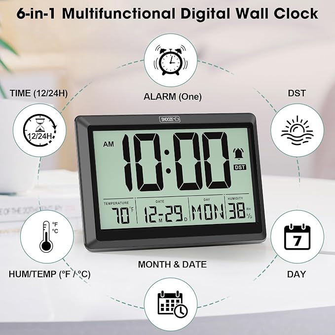 10.4'' Digital Wall Clock Battery Operated with Date/Temp/Week, Touch Snooze Function, Alarm, Temperature & Humidity - Easy to Read and Set, Auto DST