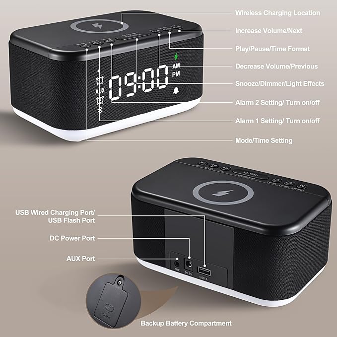 Alarm Clock Speaker Wireless Charger, Digital Alarm Clocks Bedrooms Bluetooth, Alarm Clock Dimmable Light Bedrooms Dual Alarm Snooze Dimmer 12 24H RGB Night Light Bluetooth USB AUX, Black - Image 8