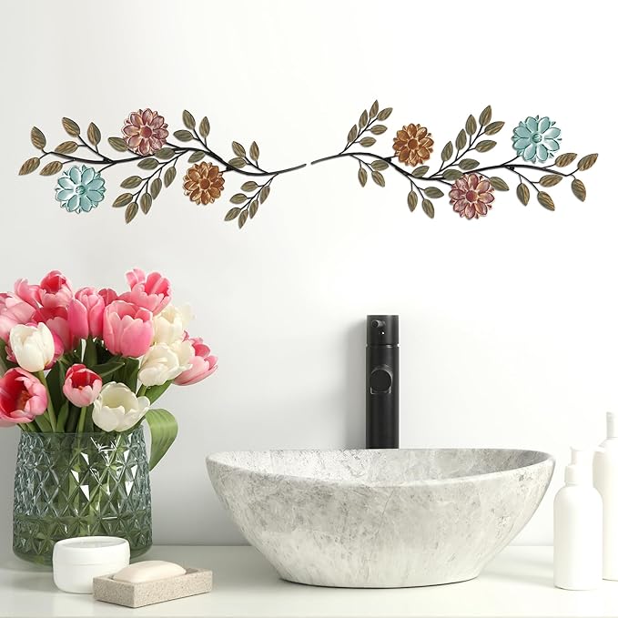 MorningRo 2 Pcs Metal Flower Leaves Wall Art Spring Wall Decor Living Room, 15.75 Inch Vintage Rustic Branch Leaf Wrought Iron Scroll Art Decor for Spring Bedroom Indoor Outdoor Decorations(Colorful)