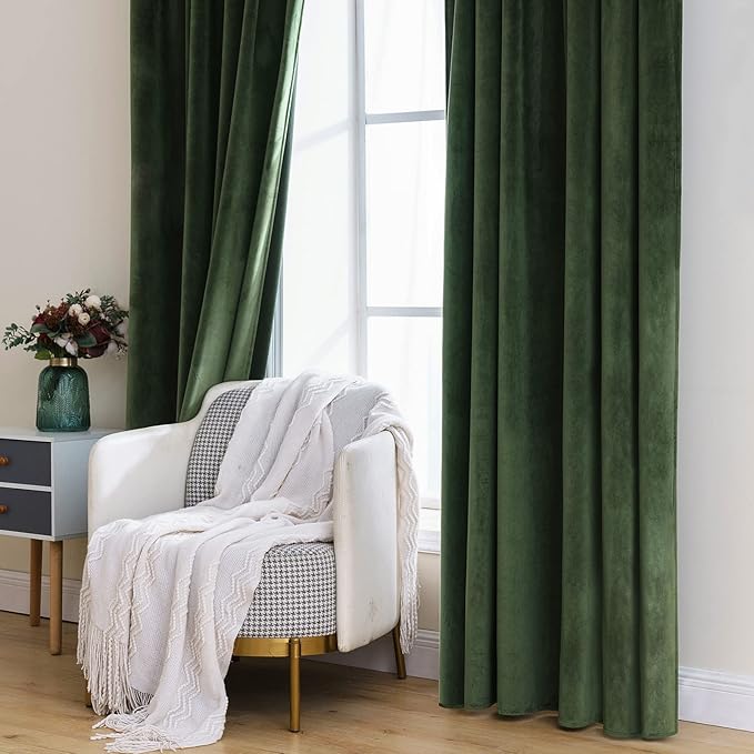 MIULEE Velvet Curtains 66 Inch Wide - Extra Wide Luxury Room Darkening Curtains for Sliding Door Bedroom Living Room Thermal Insulated Window Drapes Back Tab, Olive Green, W 66 x L 96 inch 2 Panels