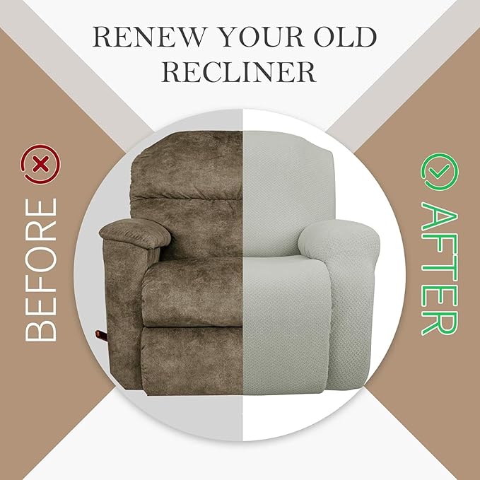 JIVINER 4-Piece Recliner Chair Covers Stretch Jacquard Covers for Reclining Chair Recliner Slipcovers for Living Room Soft Recliner Protector with Pocket (Recliner, Ivory)
