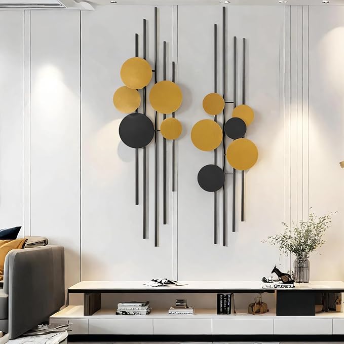HYVAKUPPA 2 Pieces Large Metal Wall Decor 3D Modern Aesthetic Wall Sculptures 11.2''x 38.8''Luxury Geometric Circular Decor Wall Art Artwork for Bedroom Dining Living Room Wall Decorations