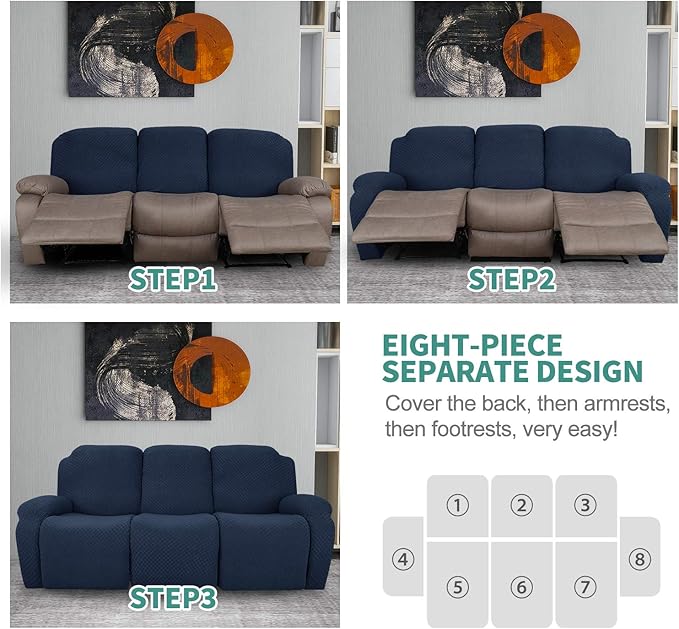 YEMYHOM 8 Pieces Stretch Recliner Sofa Cover Latest Jacquard Reclining Couch Cover with Side Pocket Anti-Slip Fitted 3 Cushion Furniture Slipcovers with Elastic Bottom (Large, Navy)