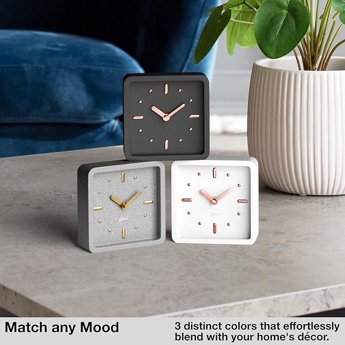Driini Modern Mid Century Desk & Shelf Clock (White Rose Gold) - Battery Operated with Silent, Analog Movement – Small Tabletop Clocks for Office – Perfect for Mantle, End Table, Desktop or Nightstand