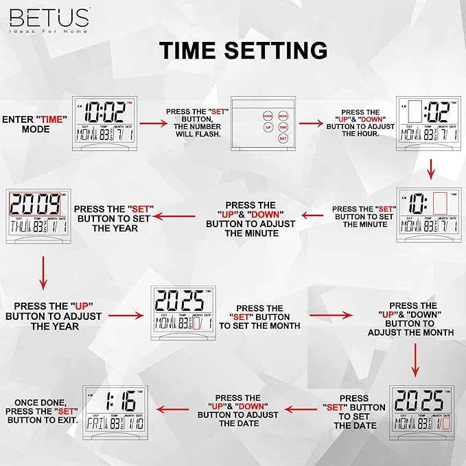 Betus Digital Travel Alarm Clock ?€? Foldable Calendar, Temperature & Timer with Snooze ?€? Large Number Display, Battery Operated ?€? Compact Desk Clock for Home & Office (Black)