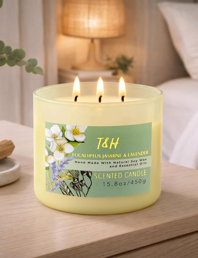 Eucalyptus Jasmine Lavender Scented Candle | 3 Wick Large Soy Candles for Home 15.8oz | Calming Spa Aromatherapy Candle | Strong Scent Long Lasting Clean Burn | Stress Relief Gift for Women & Men