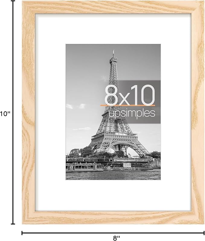 upsimples 8x10 Picture Frame, Display Pictures 5x7 with Mat or 8x10 Without Mat, Wall Hanging Photo Frame, Natural, 1 Pack