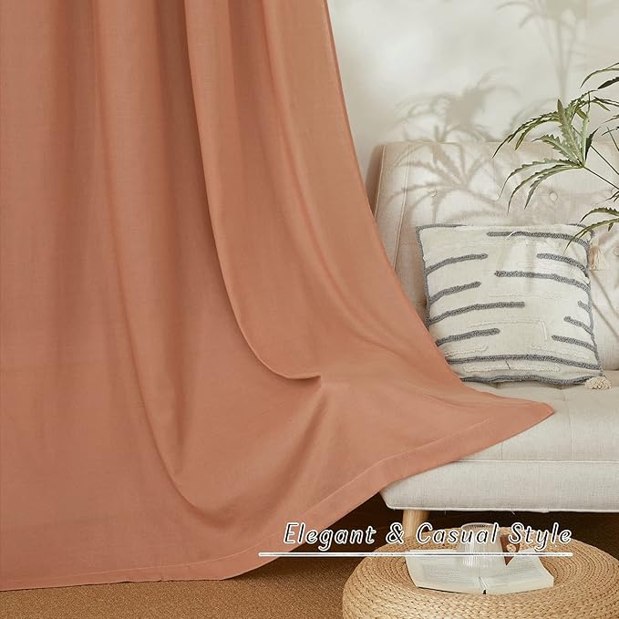 NICETOWN Linen Flax Semi Sheer Curtains 94" Length, Grommet Window Treatments Privacy Added with Light Penetration Vertical Drapes for Loft/Home Office, Terracotta, W55 x L94, 2 Panels