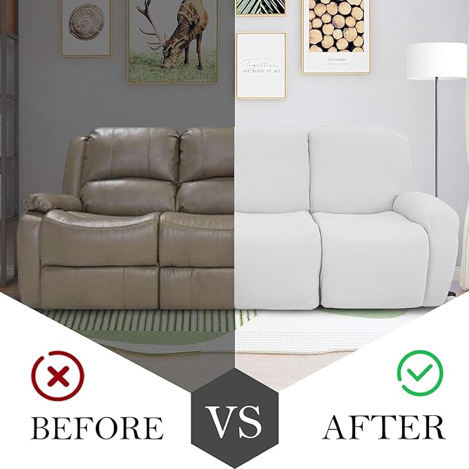 JIVINER 8-Piece Recliner Sofa Covers Stretch Jacquard Couch Covers for Reclining Slipcovers for Living Room 3 Cushion Soft Recliner Protector with Pocket (Sofa Recliner, Off White)