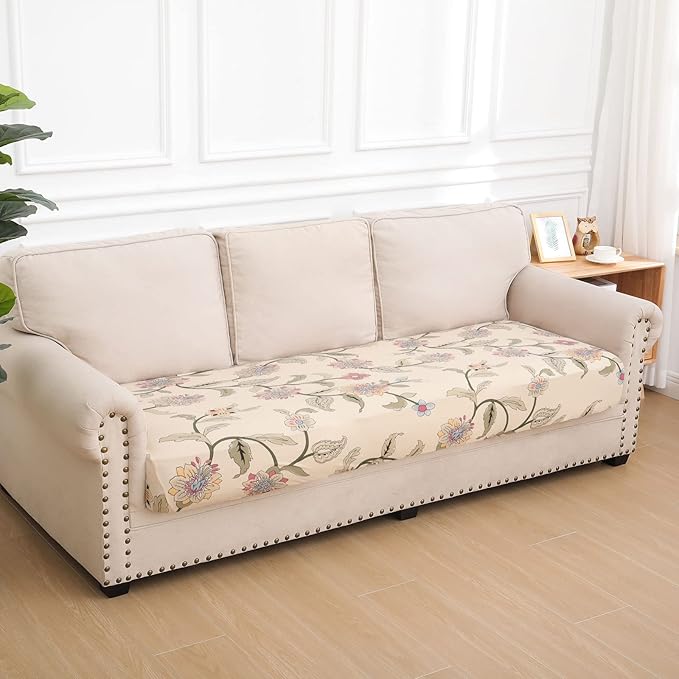 hyha Printed Couch Cushion Covers, Floral Sofa Covers Washable for 3 Cushion Couch, Stretch Pattern Outdoor Cushion Covers for Patio Furniture with Elastic Bottom(Large, Tropical Flowers)