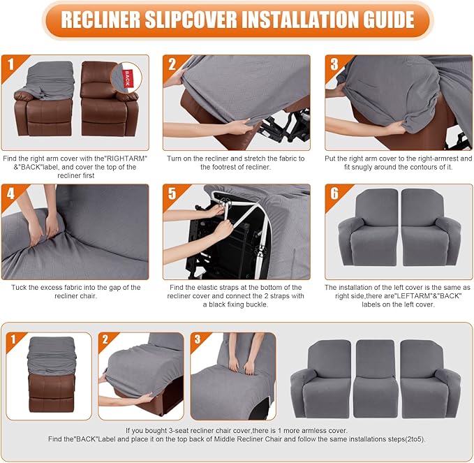 VANSOFY Recliner Cover, 3-Pieces Stretch Reclining Couch Covers with Pockets Reclining Sofa Slipcovers 3 Seater Soft Washable Furniture Protector for Dogs Cats(Light Gray)