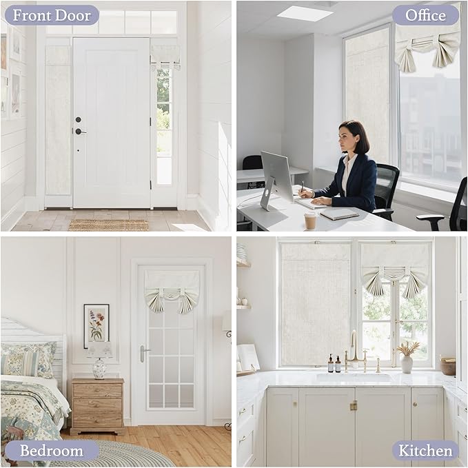 RYB HOME 100% Blackout Tricia Door Curtains, Linen Textured Blend Thermal Insulating Privacy French Door Window Tie Up Shades Sidelight Curtains for Kitchen, W 34 x L 40 inches, Linen, 1 Panel
