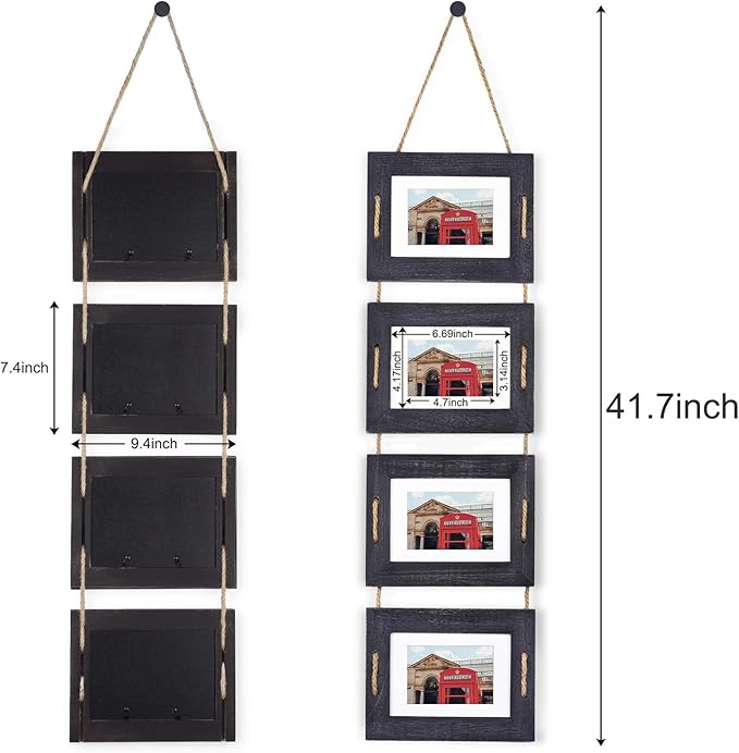 DLQuarts 5x7 Hanging Collage Picture Frames Wall Decor, 4-Opening 5x7 Matted to 3.5x5 Photo Rustic Wood Frame with Hemp Rope, 2 Pack, Weathered Black