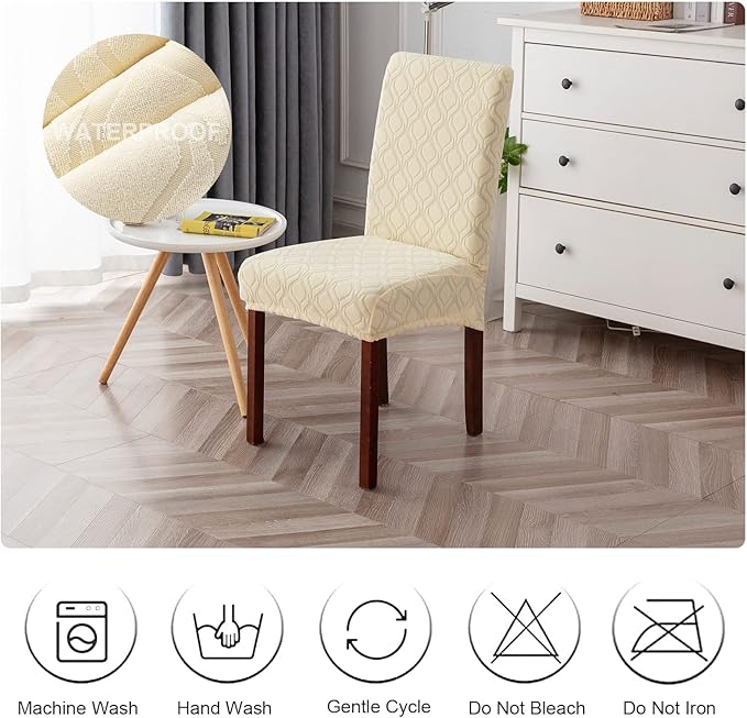 Genina Waterproof Chair Covers for Dining Room, Stretch Jacquard Dining Chair Slipcovers Removable Washable Chair Protector for Kitchen, Parsons (Jacquard-Beige, 2 PCS)