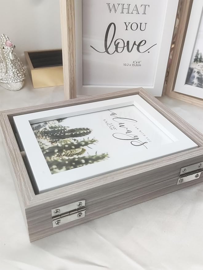Wooden Hinged Double floating rotating Picture Frame for Photos, 4 * 6 5 * 7 vertical photo Natural Finish (grey color, 4 * 6in)