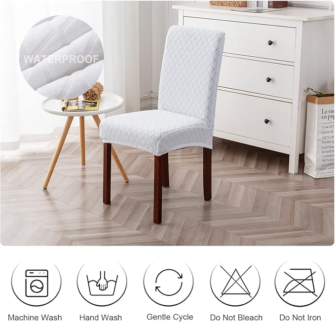 Genina Waterproof Chair Covers for Dining Room, Stretch Jacquard Dining Chair Slipcovers Removable Washable Chair Protector for Kitchen, Parsons (Argyle-White, 4 PCS)