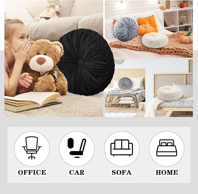 Drydiet 3 Pcs Round Throw Velvet Pillows Decorative Pleated Throw Pillows 15'' Diameter Accent Pumpkin Boho Chair Cushion for Couch Sofa Home Decoration (Black,White,Gray)