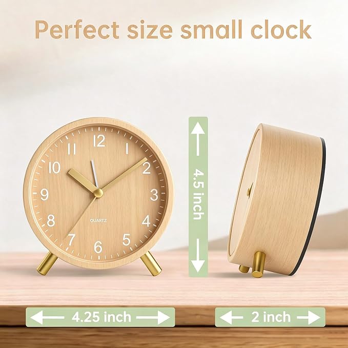 Analog Alarm Clock, Silent Non-Ticking with Night Light, Battery Operated, Fashionable Round Metal Alarm Clock for Office, Bedroom, Elderly, Adults, Women, Men Gifts Wood-Like Color - Image 8
