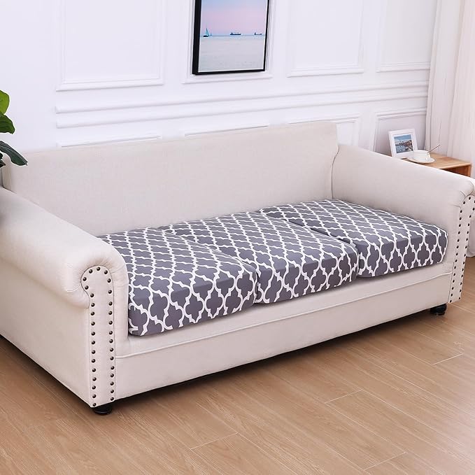 hyha Printed Couch Cushion Covers, Floral Sofa Covers Washable for 3 Cushion Couch, Stretch Pattern Outdoor Cushion Covers for Patio Furniture with Elastic Bottom(3 Packs, Moroccan Light Gray)