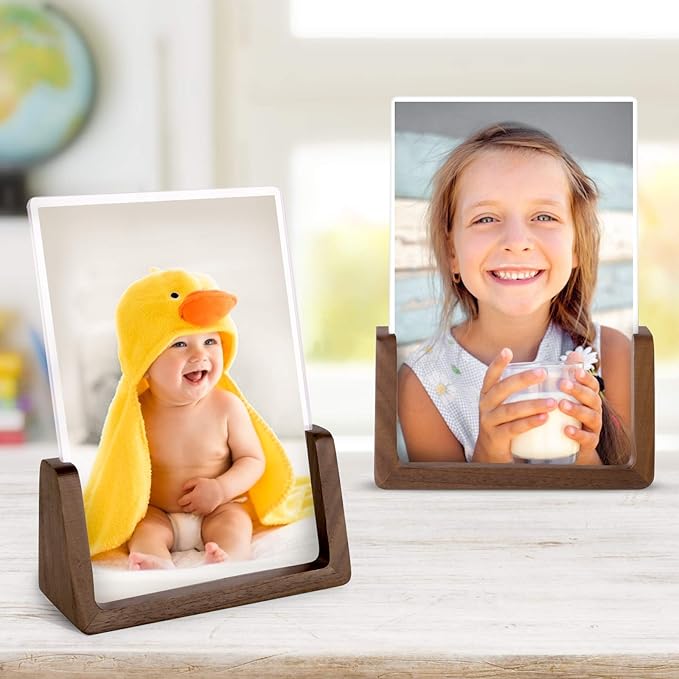 Mixoo 4x6 Picture Frame 2 Pack - Rustic Wood Picture Frames with Walnut Wooden Base and High Definition Break Free Acrylic Frame Covers for Desk Tabletop Display (4x6 inch, Vertical + Vertical)