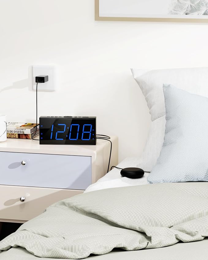 Alarm Clock with Bed Shaker, Vibrating Alarm Clock for Heavy Sleepers | Dual Alarms, 7.5’’ LED Display, Dimmer, USB Charging Port, Memory Function, Plug in Vibrator Clock for Hard of Hearing/Deaf - Image 7