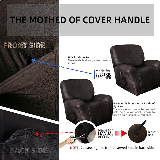 ANARACHON Leather Like Recliner Chair Covers Heavy Duty, 4 Pieces Recliner Cover for Recliner Chair, Leather Cover for Recliner slipcovers Washable for Pets (Black Chocolate)