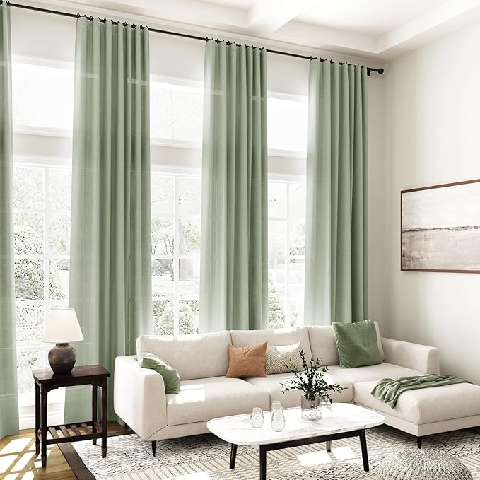 Desert Sage Linen Curtains for Living Room 126 Inches Long Light Filtering Semi Sheer Curtain Back Tab Rustic Farmhouse Decor Elegant Drapes Floor to Ceiling High Window for Bedroom 52x126, 2 Panels