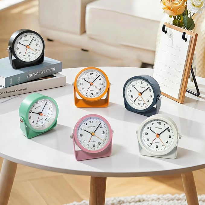 3.5 Inch Small Desk Alarm Clock, Battery Operated Analog Silent Clock with Night Light, Retro Vintage Metal Bedside Clock for Bedroom, Office, Bathroom, Dorm, Shelf, Table -Navy Blue
