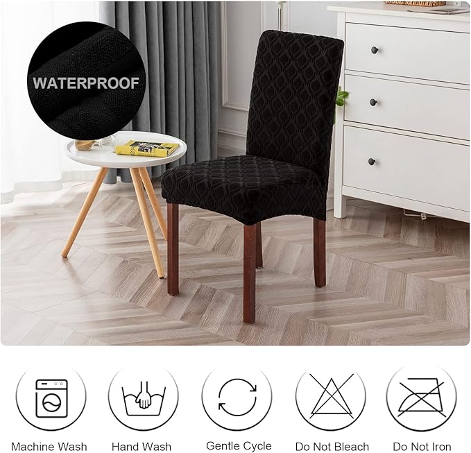 Genina Waterproof Chair Covers for Dining Room, Stretch Jacquard Dining Chair Slipcovers Removable Washable Chair Protector for Kitchen, Hotel, Restaurant (Jacquard-Black, 2 PCS)