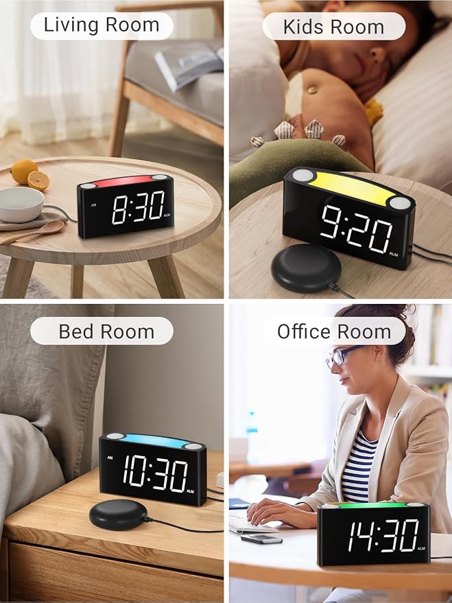Vibrating Alarm Clock for Heavy Sleepers – Loud Alarm with Bed Shaker, 3 Wake Modes, Large 7.5” Display, 5-Level Dimmer, USB & Type-C Charging, Plug-in with Battery Backup for Bedroom, Teens & Deaf - Image 9