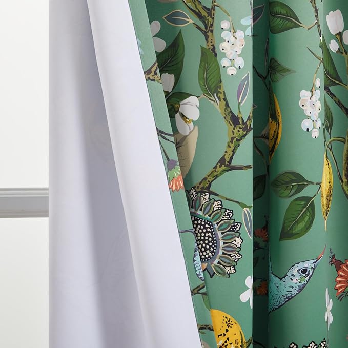 Topfinel 80 Inches Long Custom Sage Green Luxury Curtains for Living Room Bedroom, Blackout Vintage Victorian Curtains Floral Lemon Hummingbird Printed Grommet Drape 80 Inch Length